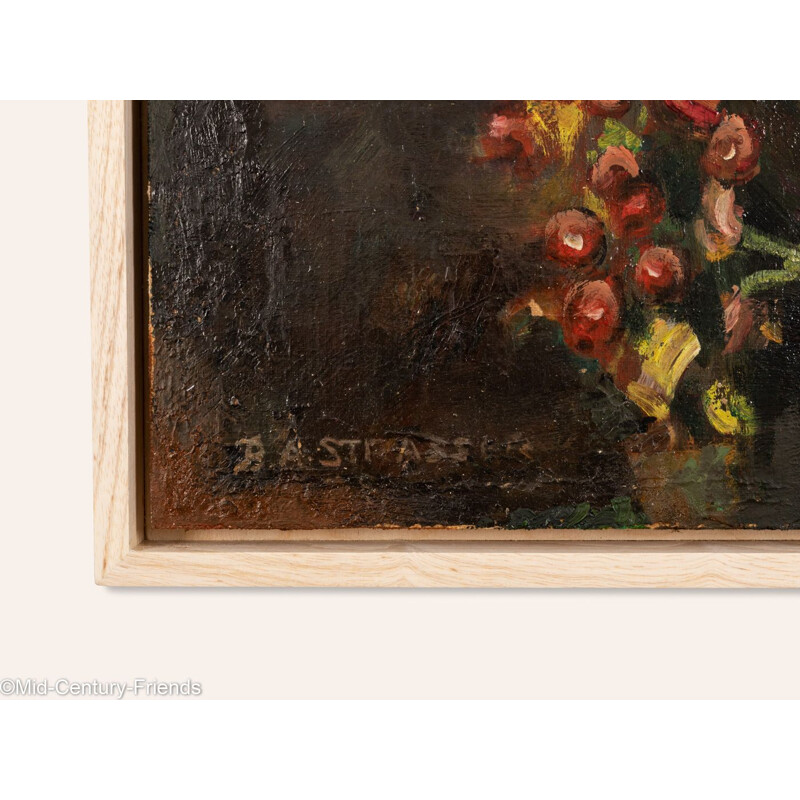 Huile sur plaque vintage "Bouquet de fleurs sauvages" en bois par B.A. Strasser