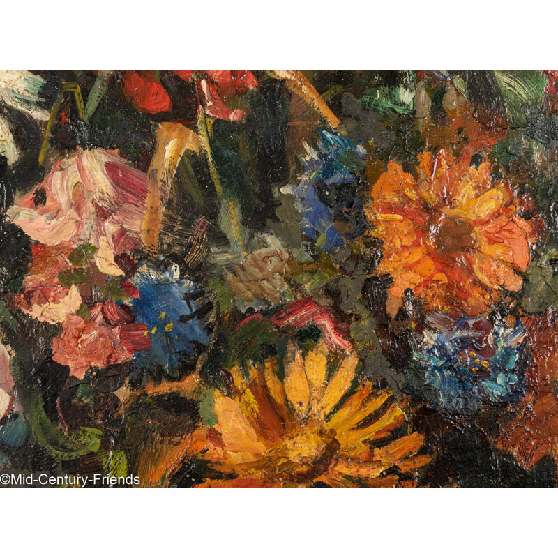 Huile sur plaque vintage "Bouquet de fleurs sauvages" en bois par B.A. Strasser