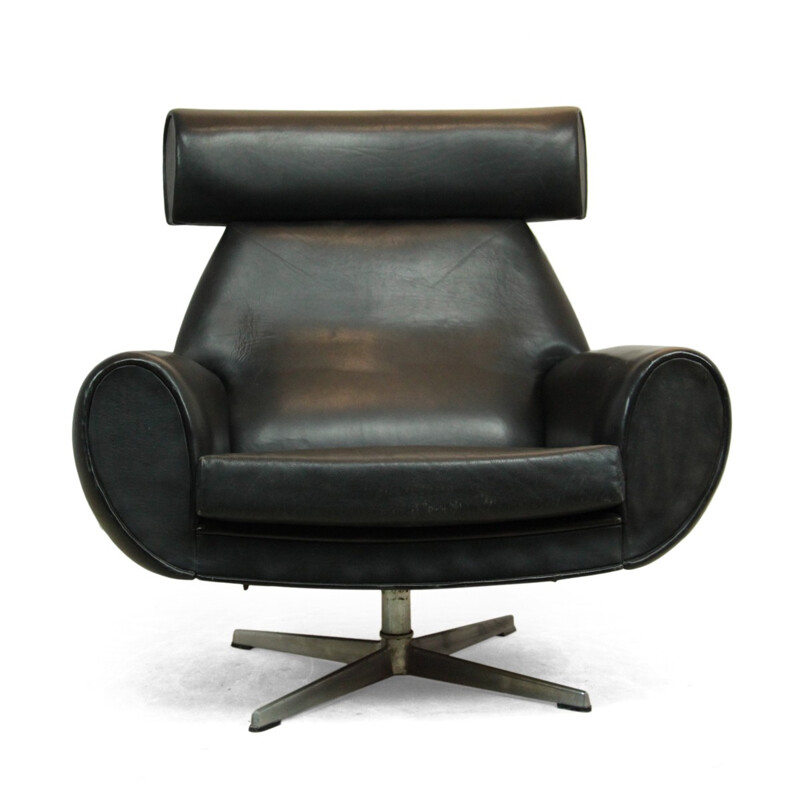 Fauteuil scandinave en cuir noir - 1960