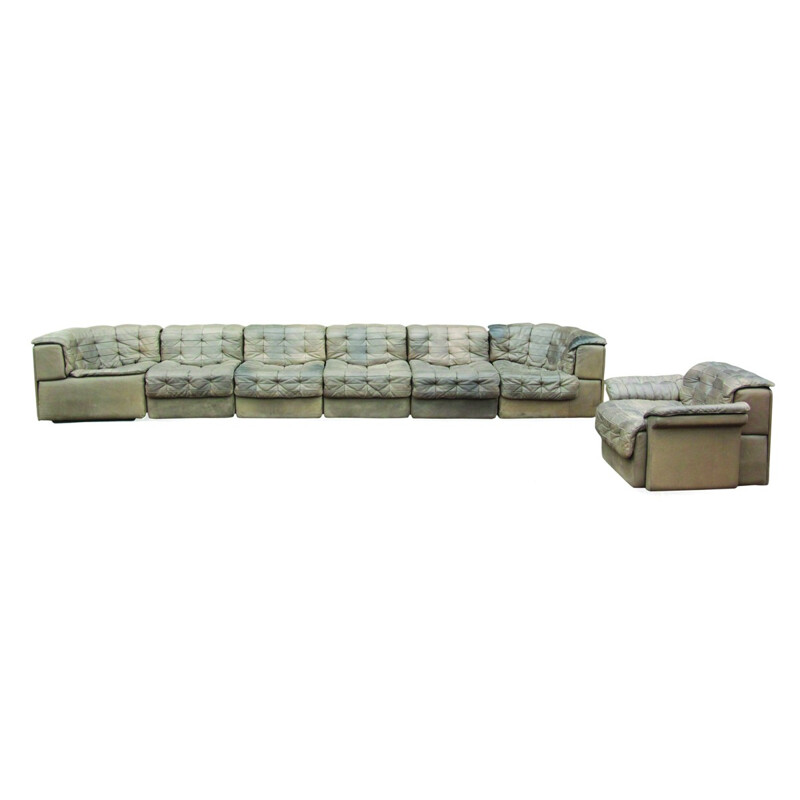 Set of De Sede corner sofa and armchair in green leather - 1960s