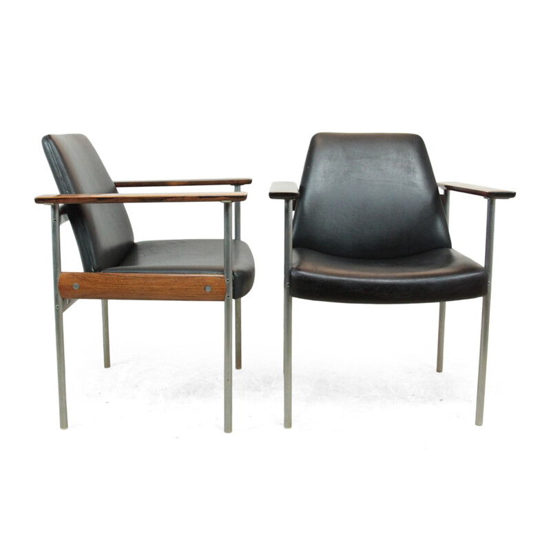 Pair of Norwegian Dokka armchairs in rosewood and black leather, Sven Ivar DYSTHE - 1960s