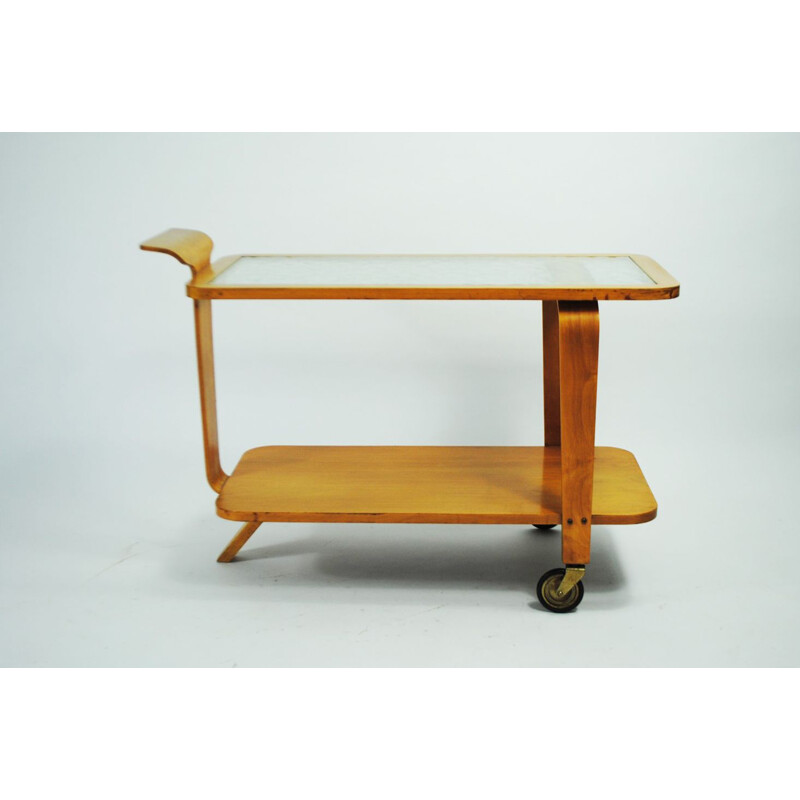 Vintage tea cart in beech wood and glass by Willem Lutjens for Gouda den Boer, The Netherlands 1953