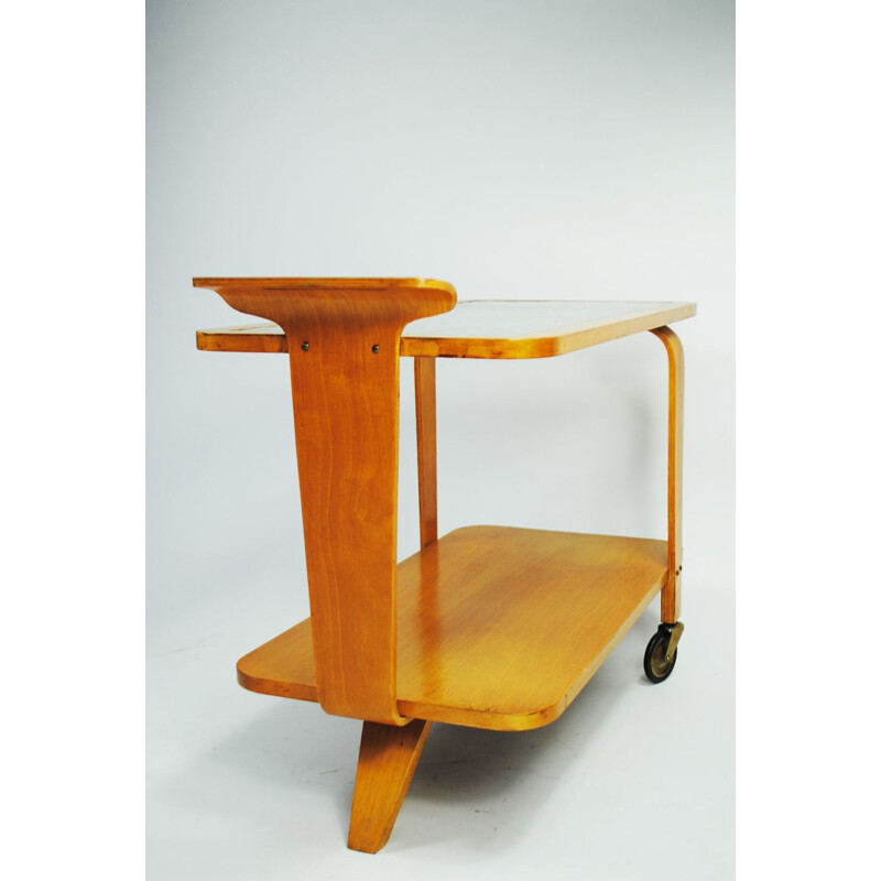 Vintage tea cart in beech wood and glass by Willem Lutjens for Gouda den Boer, The Netherlands 1953