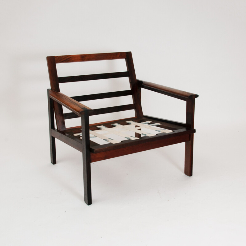 Vintage "Capella" fauteuil in rozenhout en leer van Illum Wikkelsø, Denemarken 1959