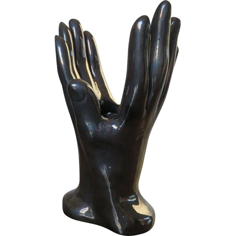 Vintage black ceramic hand shaped vase, France 1960