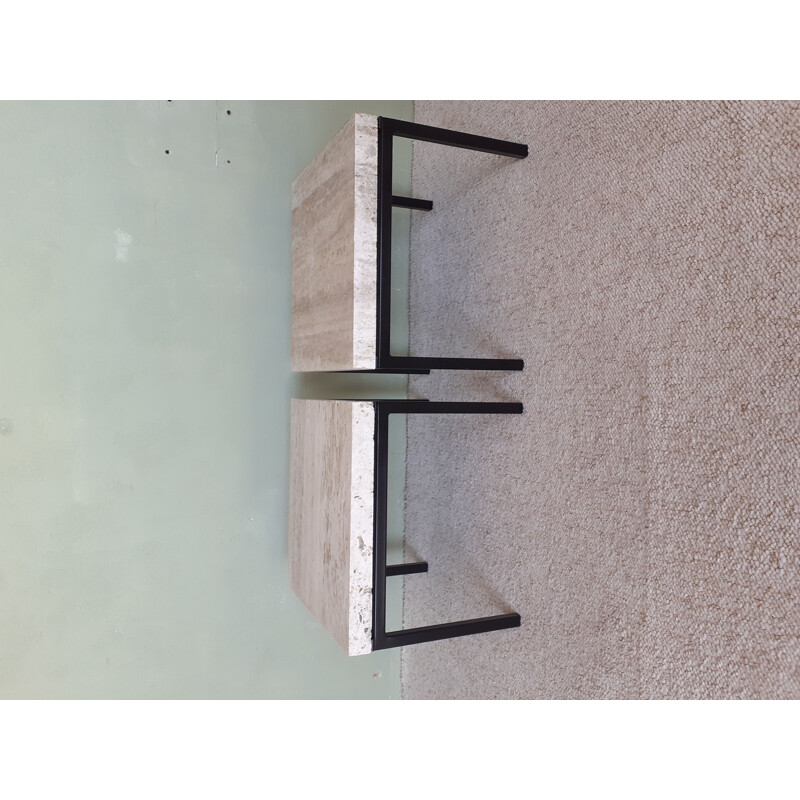 Pair of vintage travertine and metal coffee tables or bedside tables