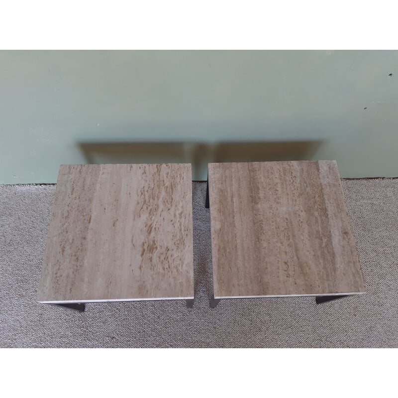 Pair of vintage travertine and metal coffee tables or bedside tables