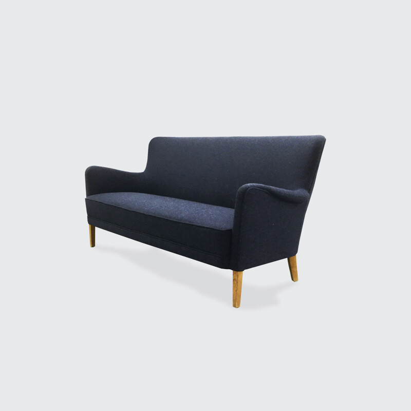 Vintage three-seater sofa reupholstered in blue wool, Denmark 1940
