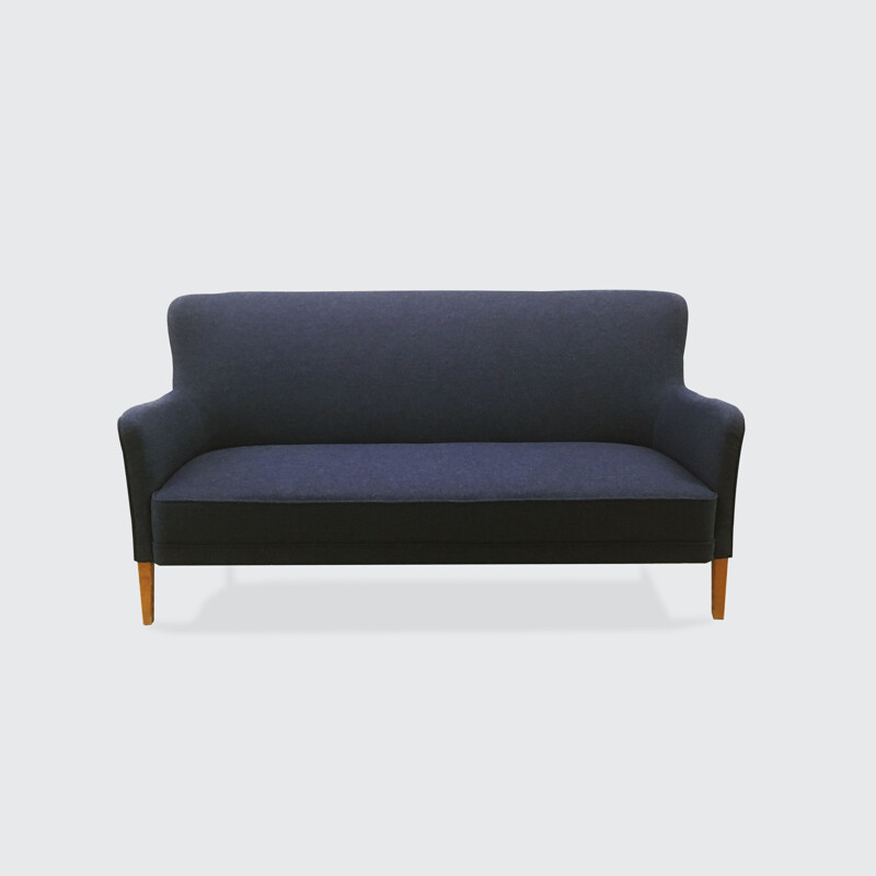 Vintage-Dreisitzersofa, neu gepolstert in blauer Wolle, Dänemark 1940