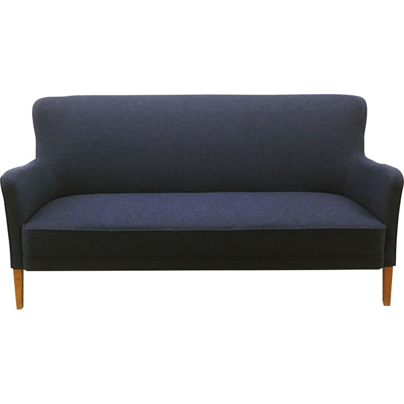 Vintage three-seater sofa reupholstered in blue wool, Denmark 1940