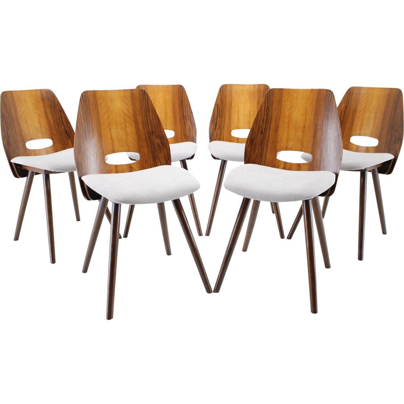 Set of 6 vintage walnut dining chairs by Frantisek Jirak for Tatra, Czechoslovakia 1960