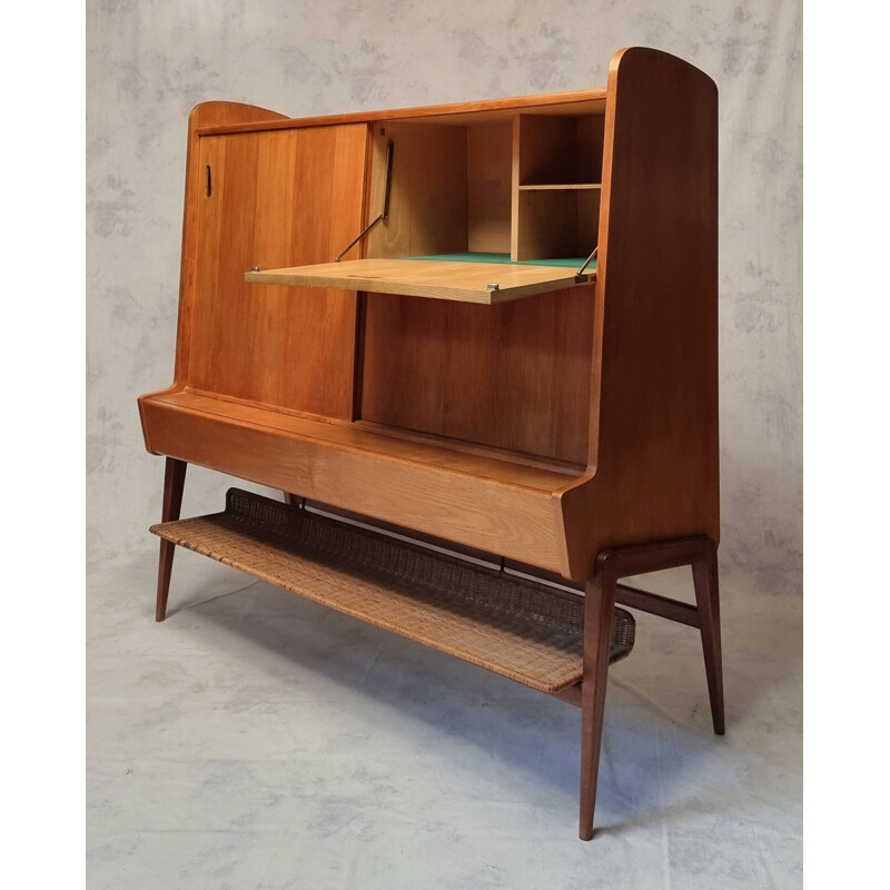 Vintage ashwood & mahogany highboard by Louis Paolozzi for René Godfrid, 1950