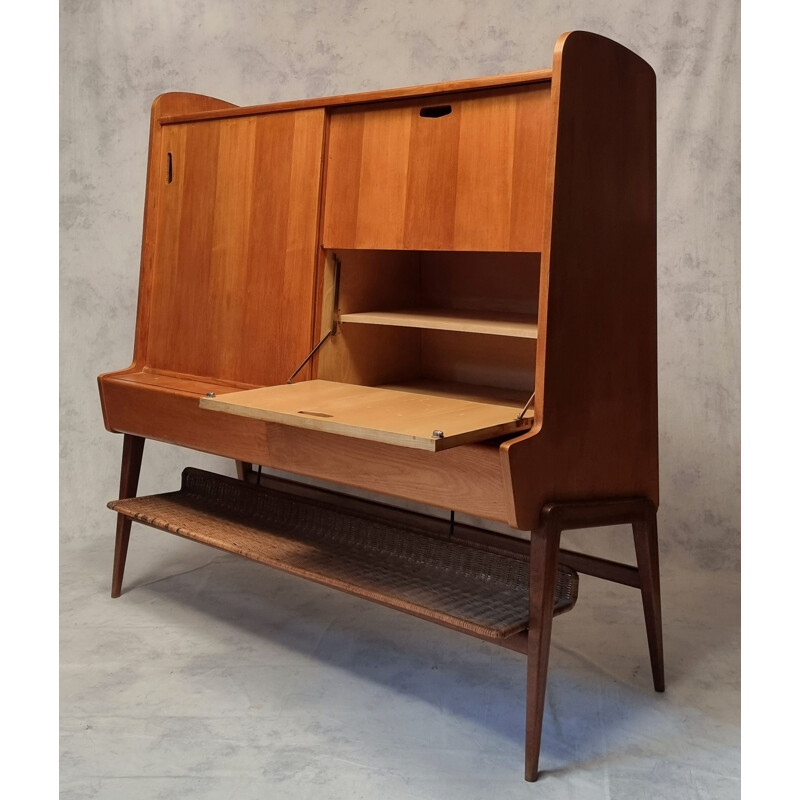 Vintage ashwood & mahogany highboard by Louis Paolozzi for René Godfrid, 1950