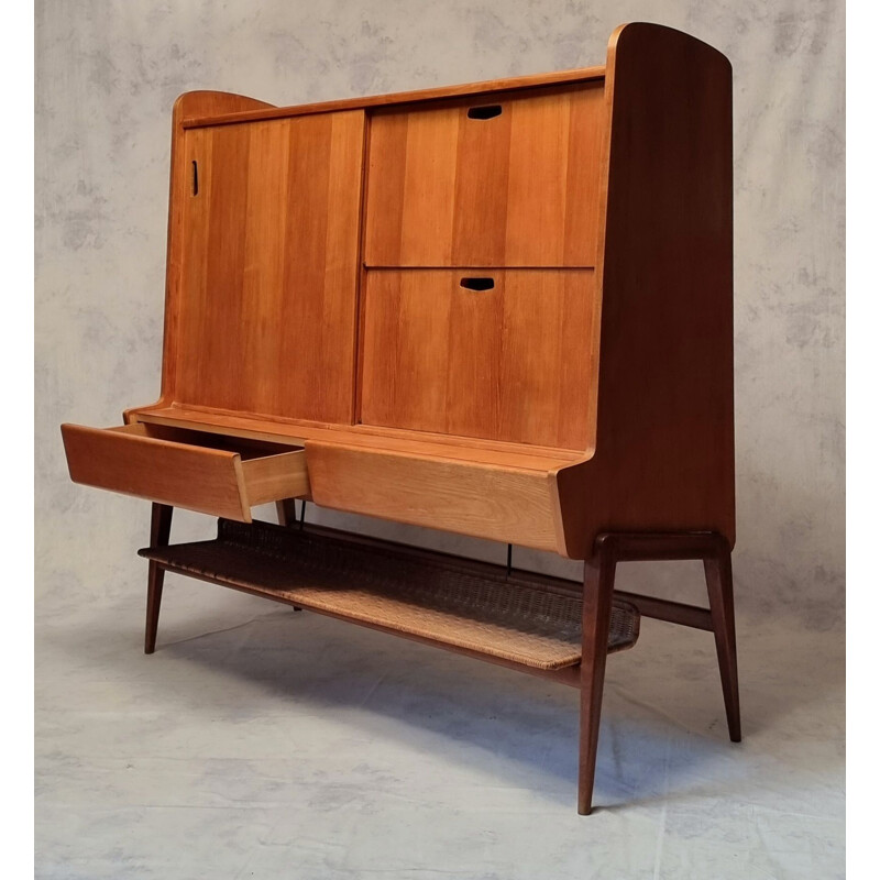 Vintage ashwood & mahogany highboard by Louis Paolozzi for René Godfrid, 1950