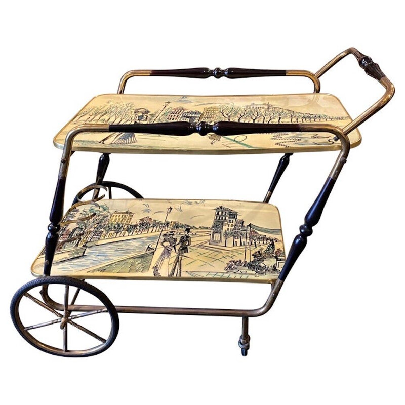 Vintage hand-painted wood and brass Italian bar trolley, 1950s