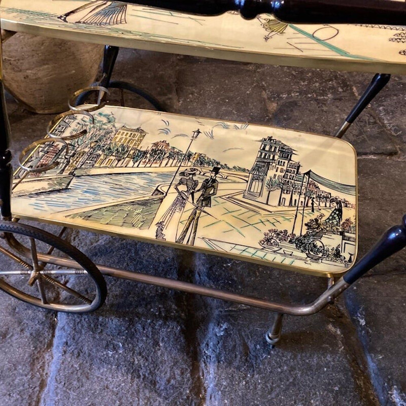 Vintage hand-painted wood and brass Italian bar trolley, 1950s