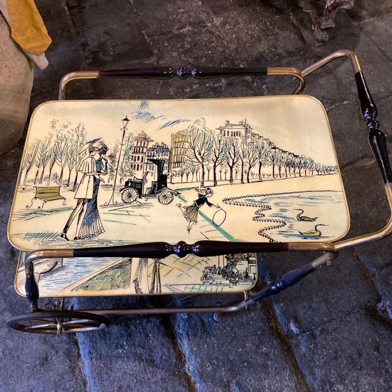 Chariot de bar italien vintage en bois et laiton peint à la main, 1950