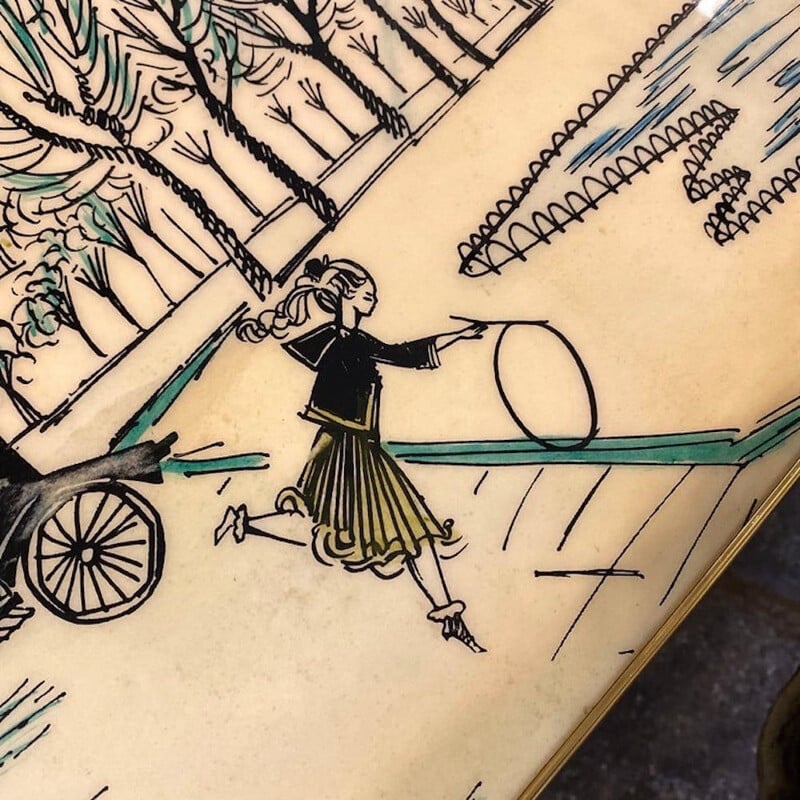 Chariot de bar italien vintage en bois et laiton peint à la main, 1950