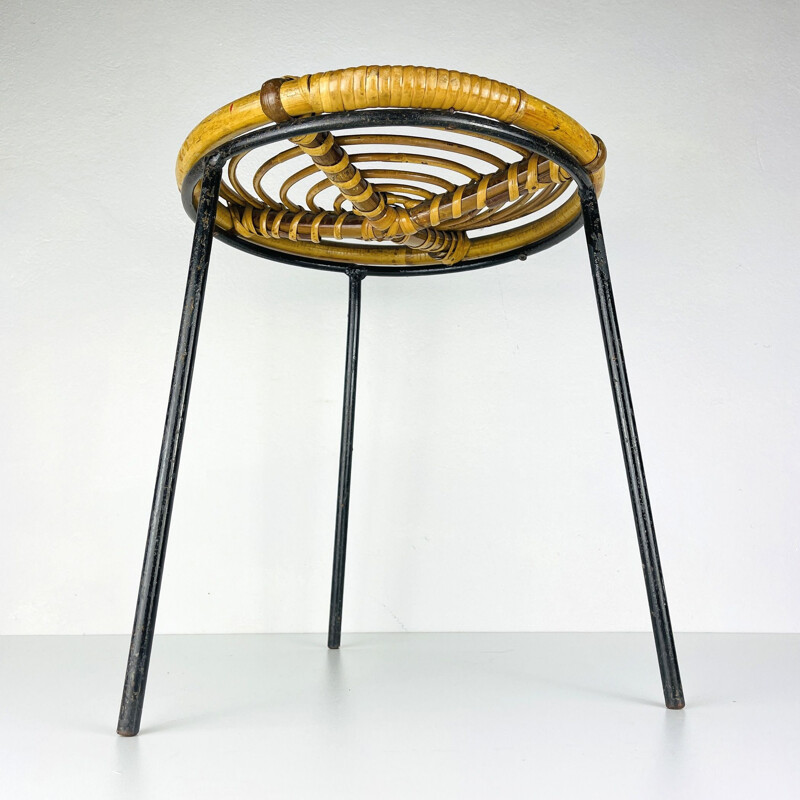 Vintage bamboo metal stool, Italy 1950s