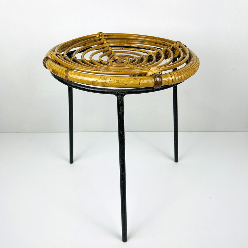 Vintage bamboo metal stool, Italy 1950s