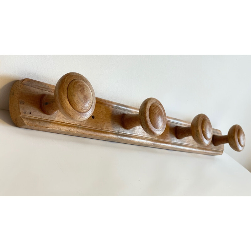 Vintage coat rack with 4 pegs in solid wood, 1930