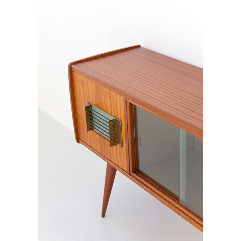 Italian vintage teak and brass sideboard with bar, 1950s