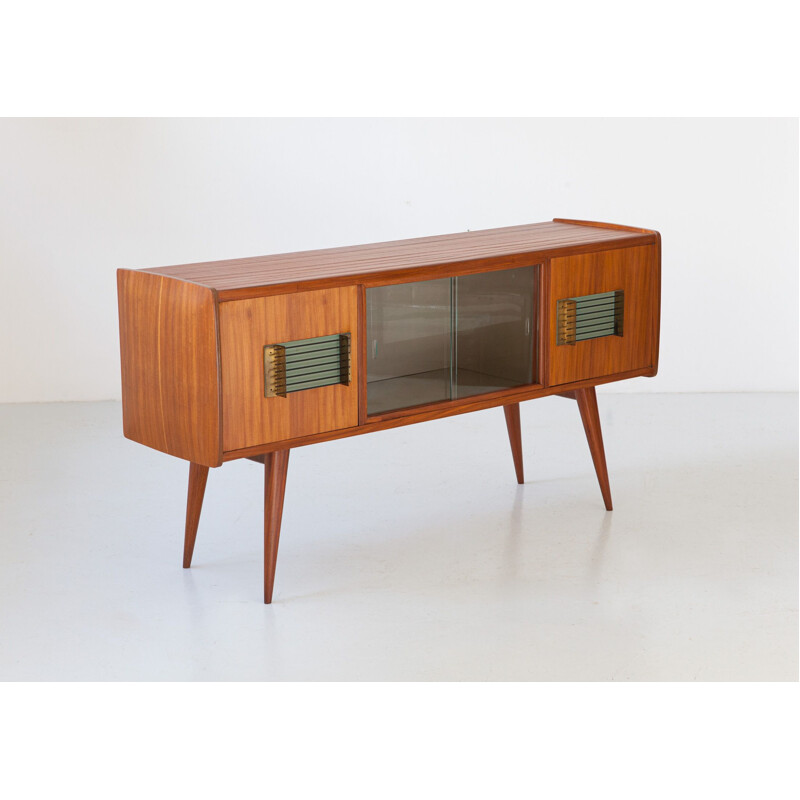Italian vintage teak and brass sideboard with bar, 1950s