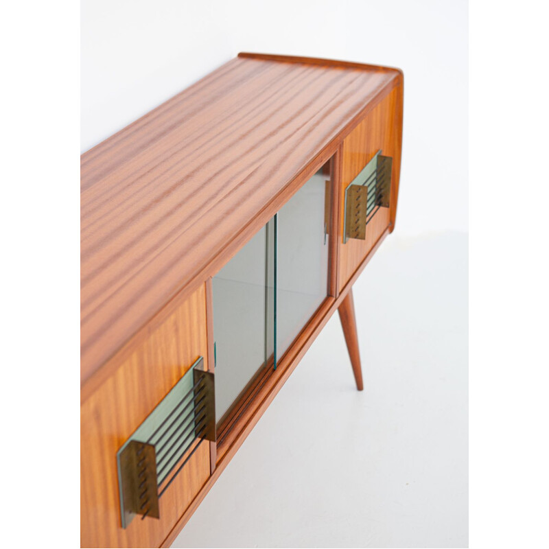 Italian vintage teak and brass sideboard with bar, 1950s