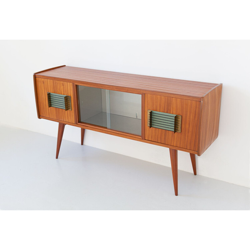 Italian vintage teak and brass sideboard with bar, 1950s