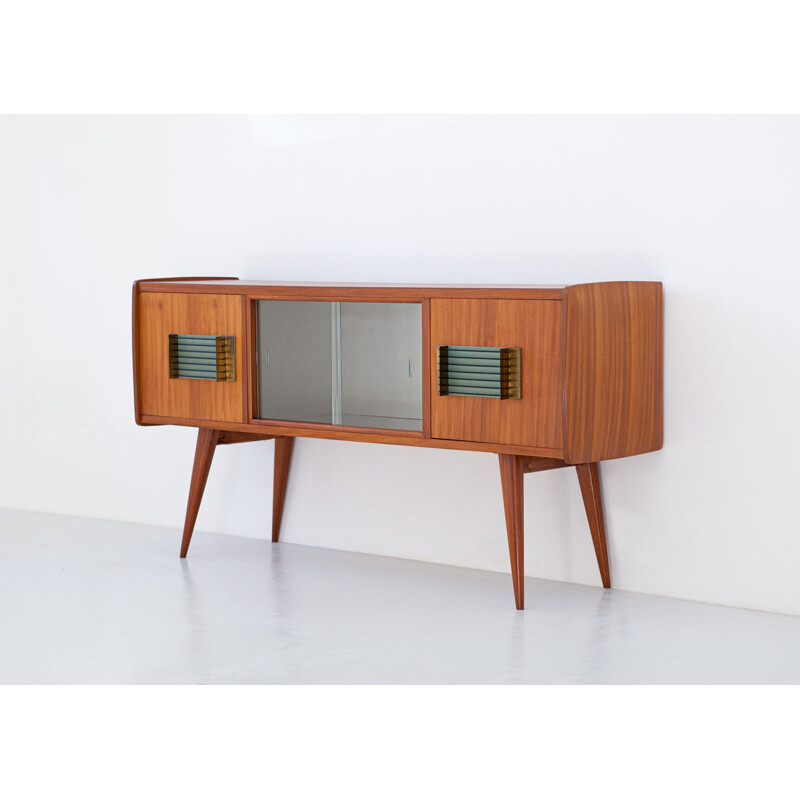 Italian vintage teak and brass sideboard with bar, 1950s