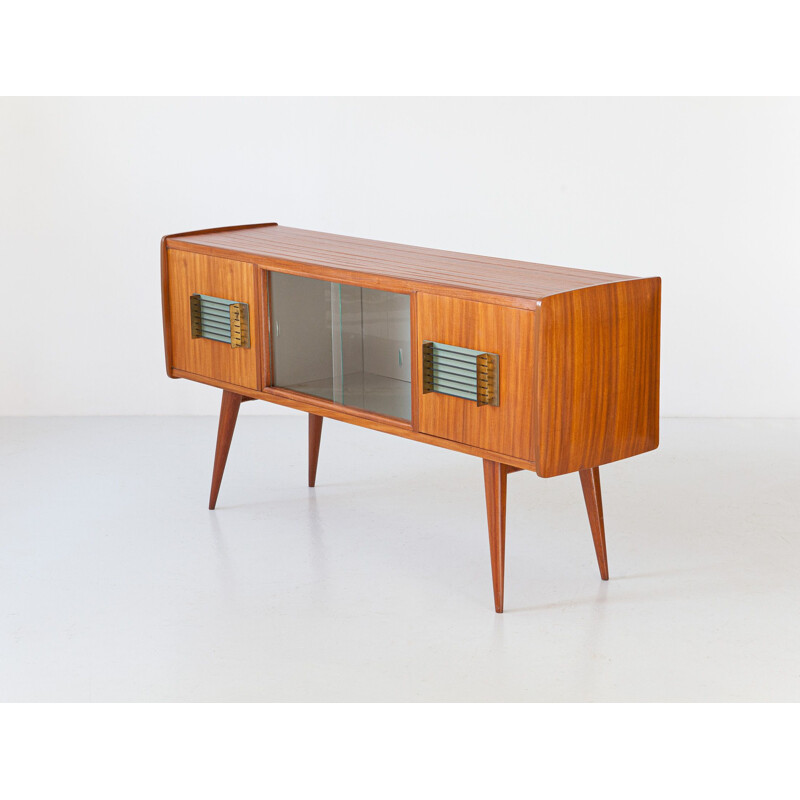 Italian vintage teak and brass sideboard with bar, 1950s