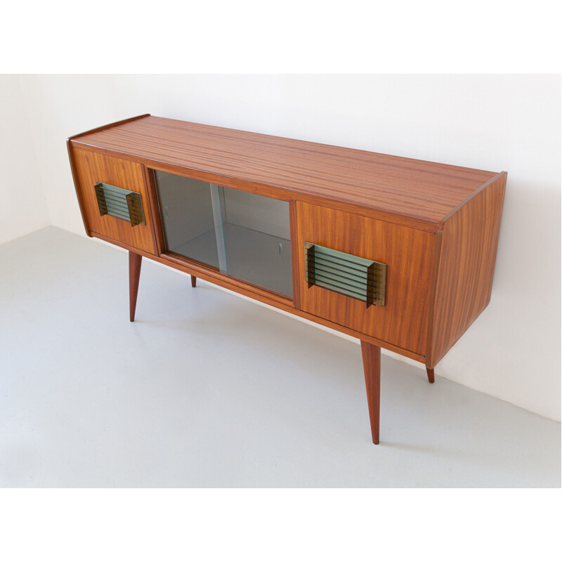 Italian vintage teak and brass sideboard with bar, 1950s