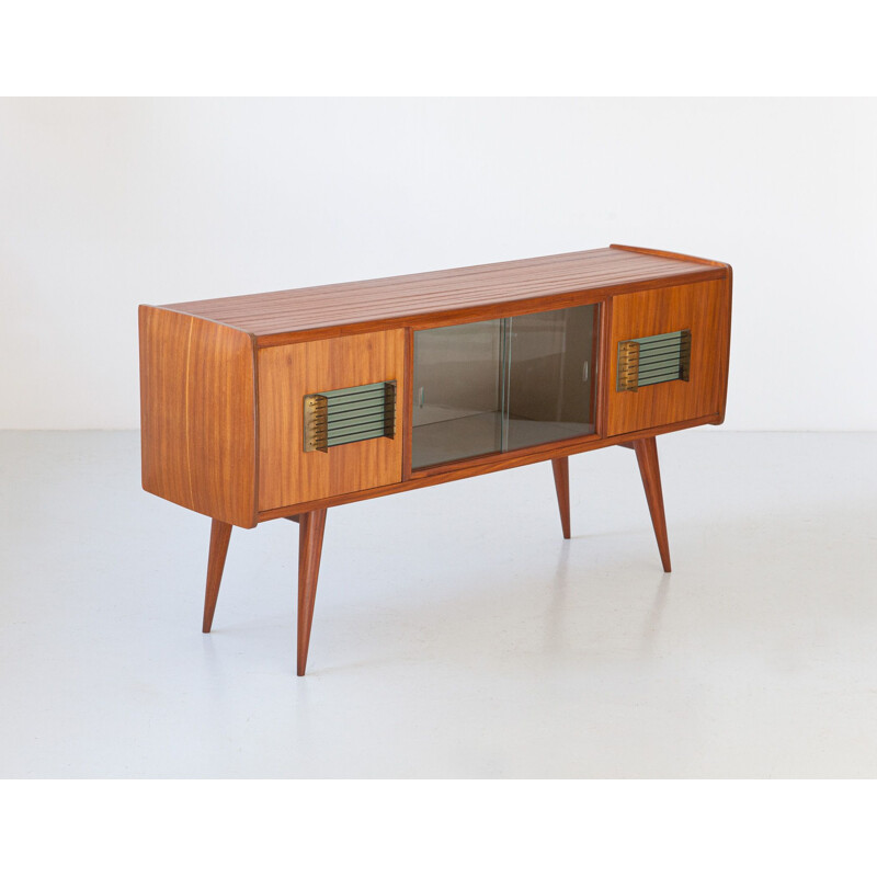 Italian vintage teak and brass sideboard with bar, 1950s