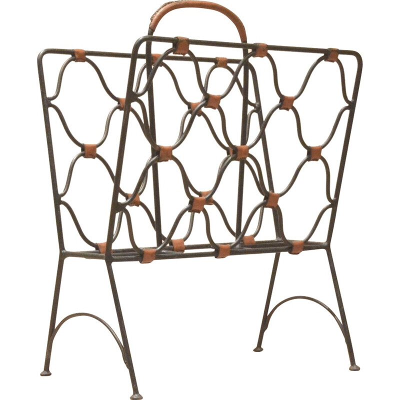 Magazine rack in metal and leather, Jacques ADNET - 1940s