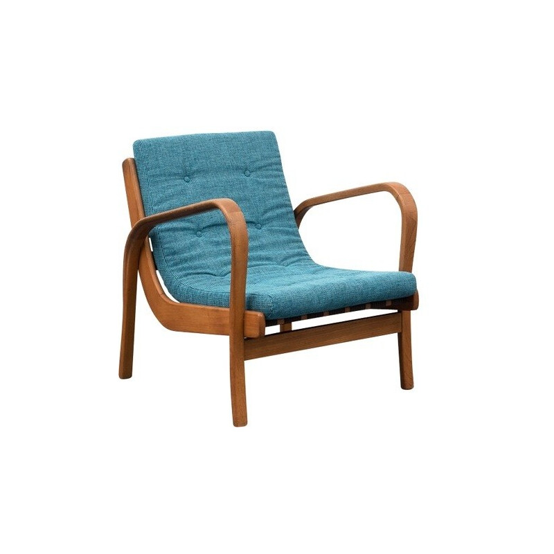 Czech armchair in oak and blue fabric, Karel KOZELKA & Antonin KROPACEK - 1940s