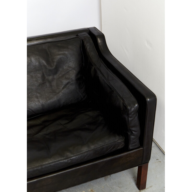 Canapé vintage en cuir noir par Børge Mogensen pour Fredericia