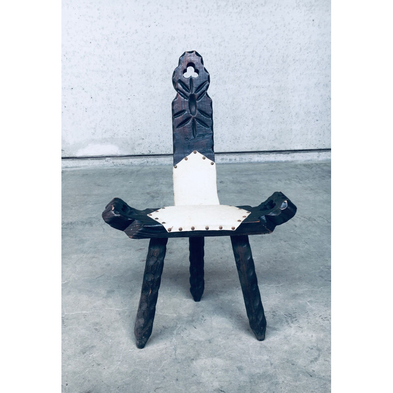 Spanish Brutalist vintage wooden tripod chair & stool, 1960s
