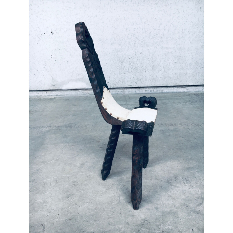 Cadeira e banco de madeira brutalista espanhola Vintage, 1960