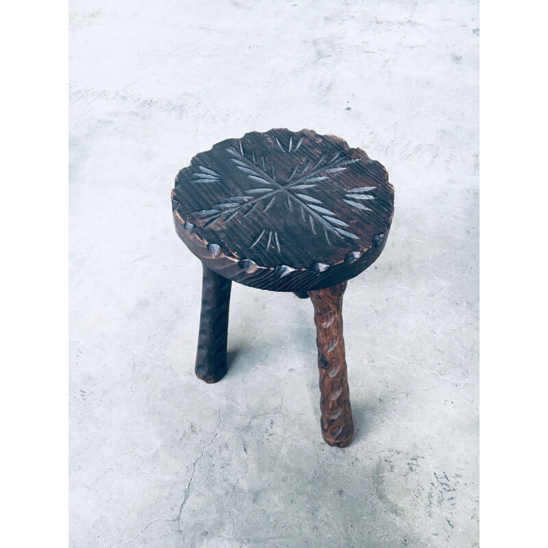 Spanish Brutalist vintage wooden tripod chair & stool, 1960s