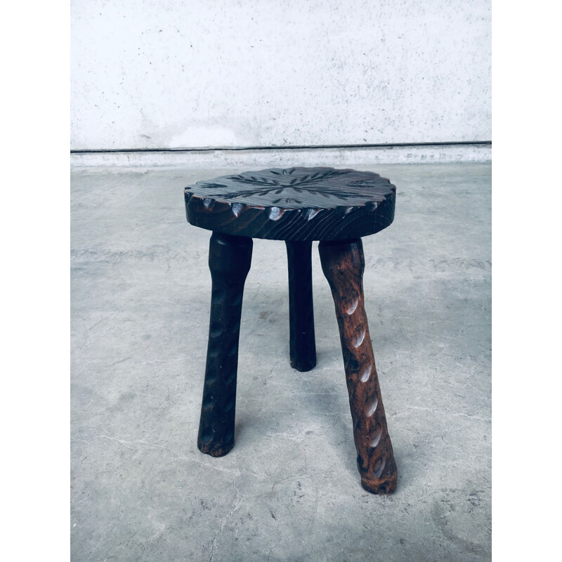 Cadeira e banco de madeira brutalista espanhola Vintage, 1960