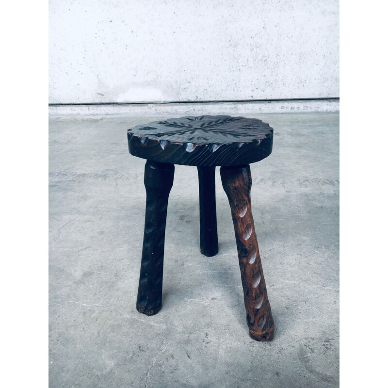 Spanish Brutalist vintage wooden tripod chair & stool, 1960s