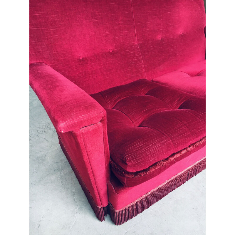 Vintage fuchsia velvet 2 seat sofa with fringe, Belgium 1960s