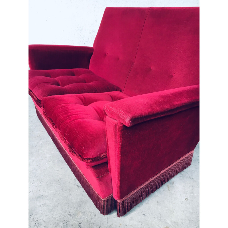 Vintage fuchsia velvet 2 seat sofa with fringe, Belgium 1960s