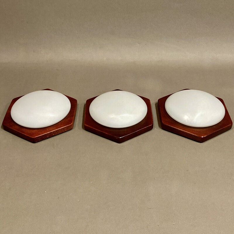 Set of 3 vintage teak and opaline wall lamps, 1950