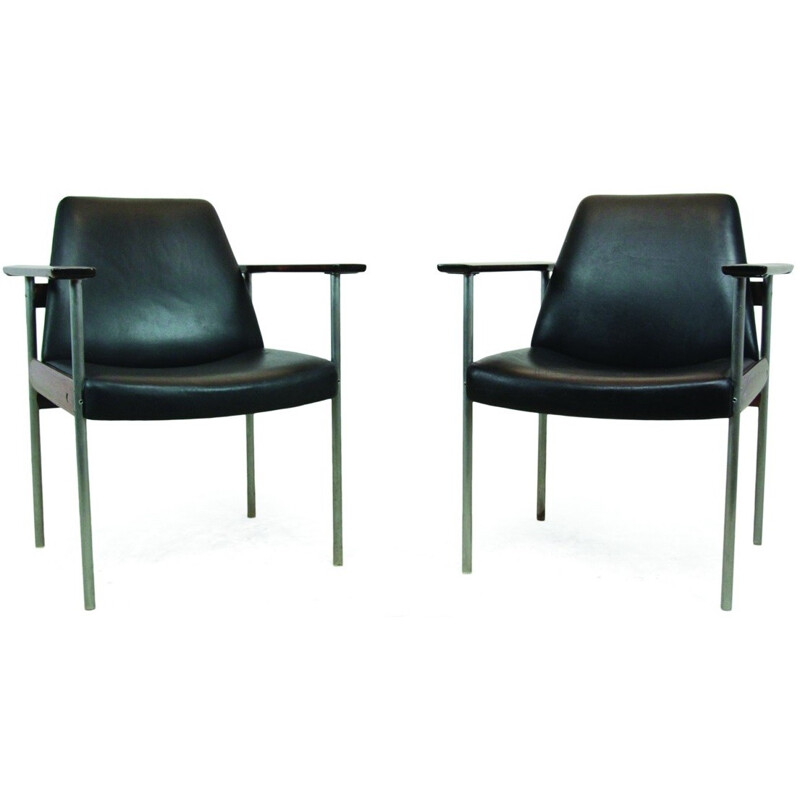 Paire de fauteuils scandinaves Dokka en palissandre et cuir noir, Sven Ivar DYSTHE - 1960