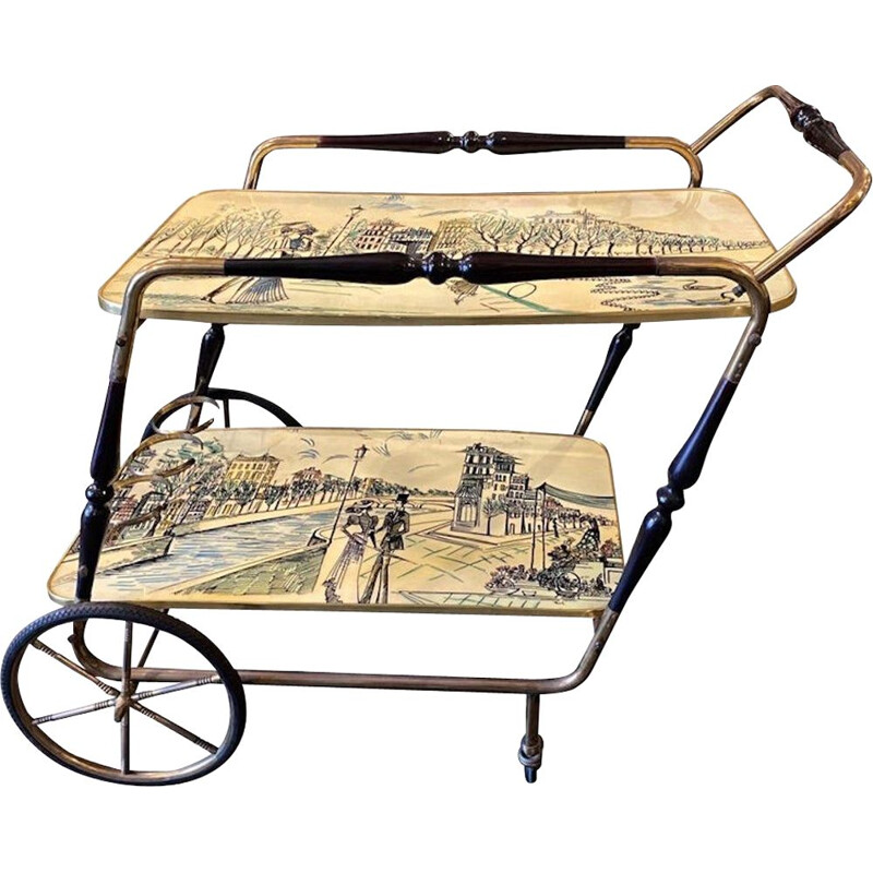 Vintage hand-painted wood and brass Italian bar trolley, 1950s