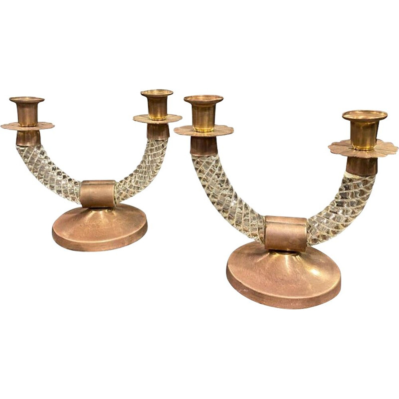 Pair of vintage copper and Murano glass candlesticks, Italy 1960s