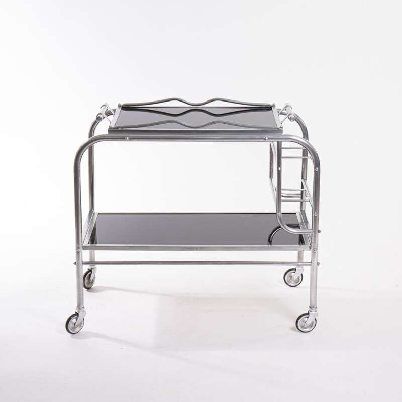 Vintage art deco aluminum and mirrored glass bar cart, 1930