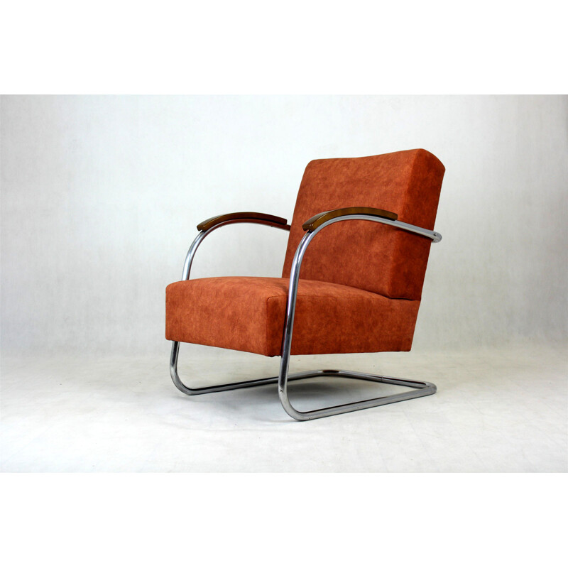 Bauhaus vintage chromed tubular steel armchair by Mücke Melder, Czechoslovakia 1930s