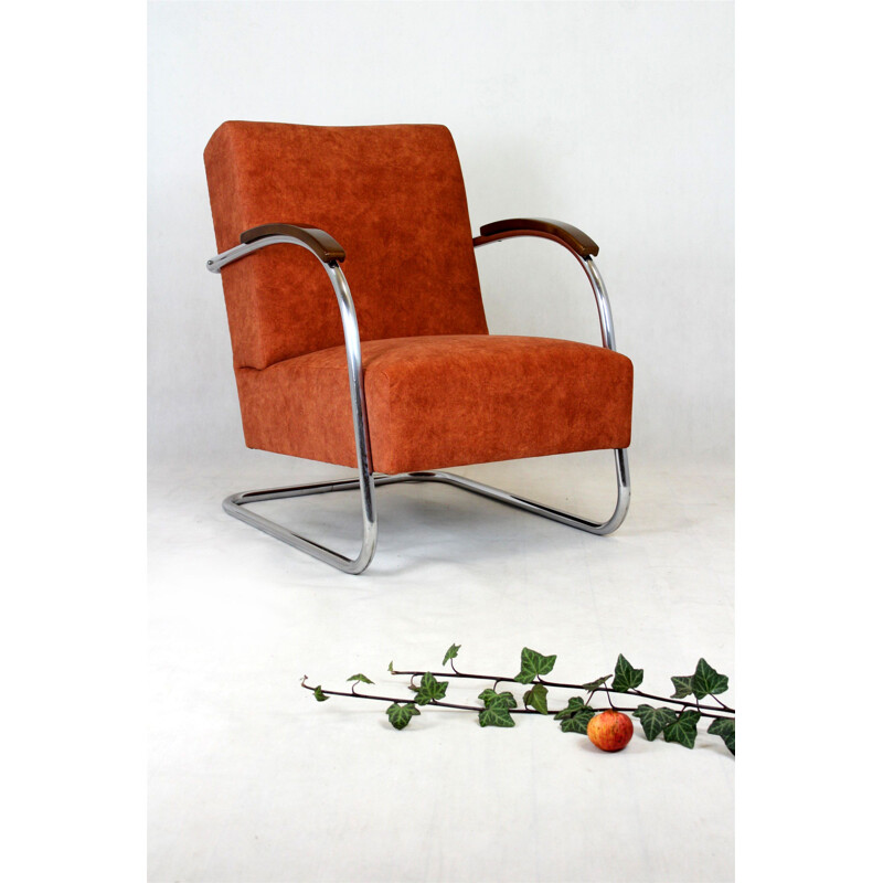 Bauhaus vintage chromed tubular steel armchair by Mücke Melder, Czechoslovakia 1930s